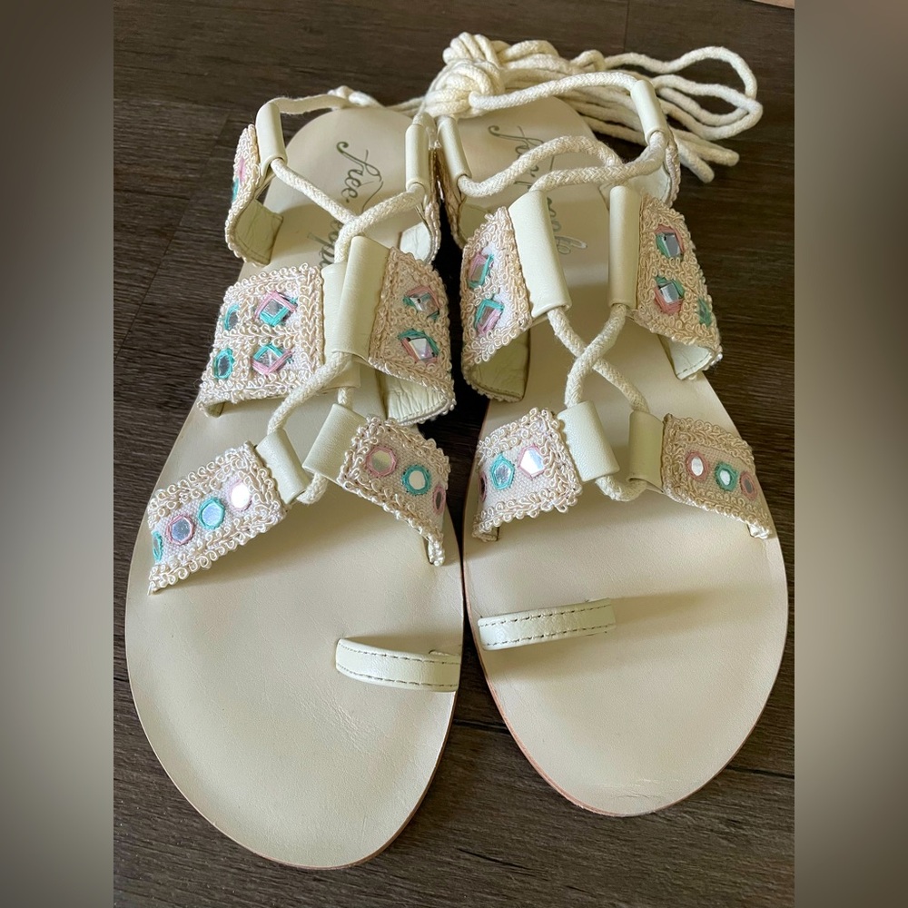 NEW Free People Mantra Mirror Sandals Lace Up Leather Natural 39.5 Boho Summer